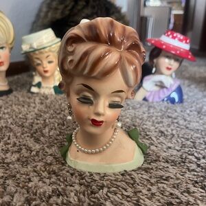 Vintage Lady Head Vase with Pearls